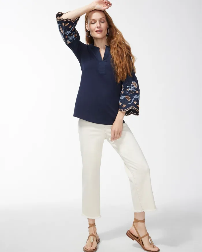 Chico039s Notch Neck 34 Sleeve Top Classic Navy Women Tees