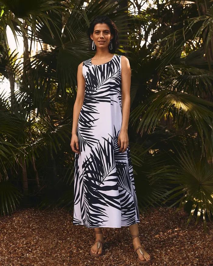 Chico039s Palm Print Back Tier Midi Dress AlabasterBlack Women Dresses and Skirts