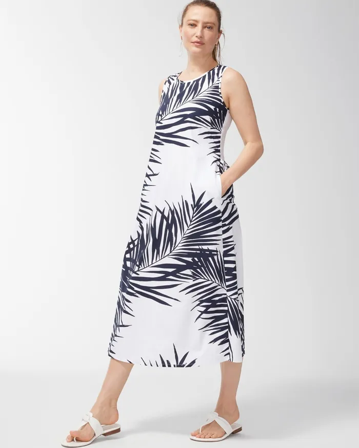 Chico039s Palm Print Back Tier Midi Dress AlabasterBlack Women Dresses and Skirts