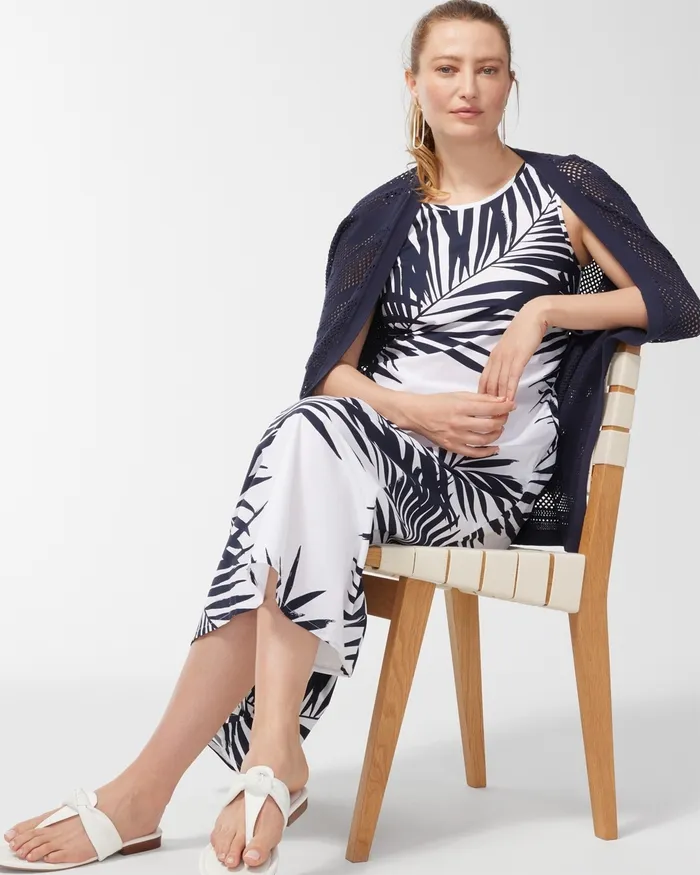 Chico039s Palm Print Back Tier Midi Dress AlabasterBlack Women Dresses and Skirts