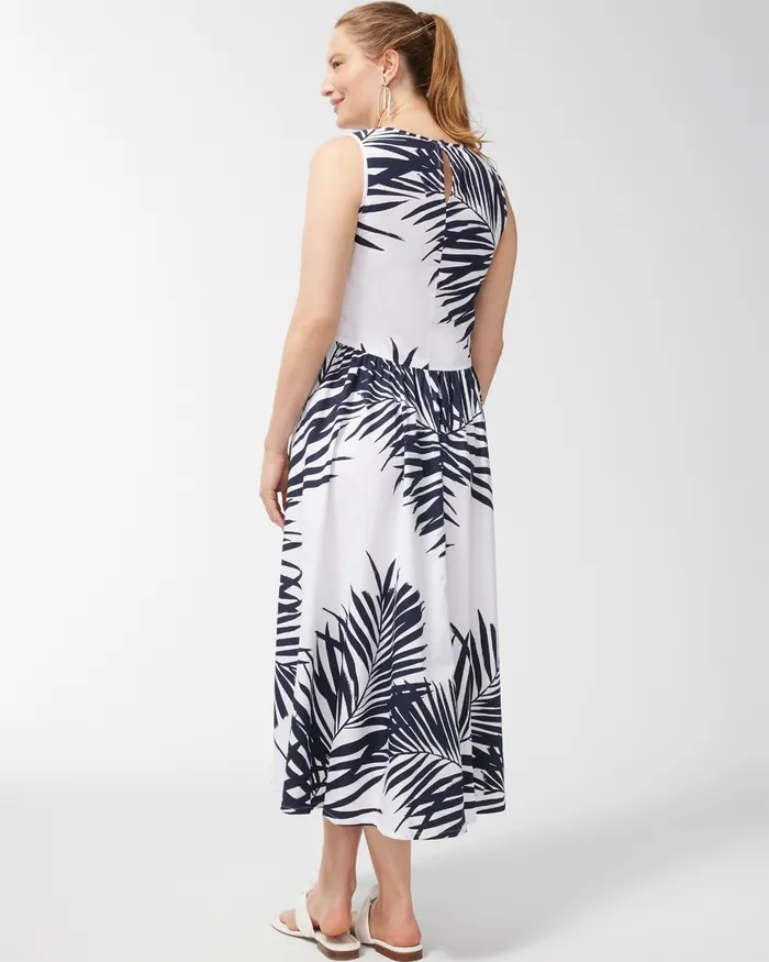 Chico039s Palm Print Back Tier Midi Dress AlabasterBlack Women Dresses and Skirts