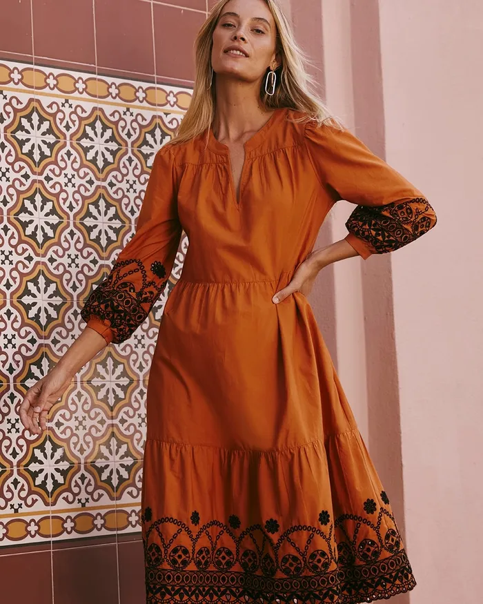 Chico039s Poplin Embroidered Sleeve Midi Dress Burnished Clay Women Dresses and Skirts