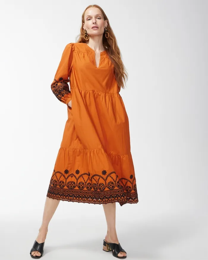 Chico039s Poplin Embroidered Sleeve Midi Dress Burnished Clay Women Dresses and Skirts