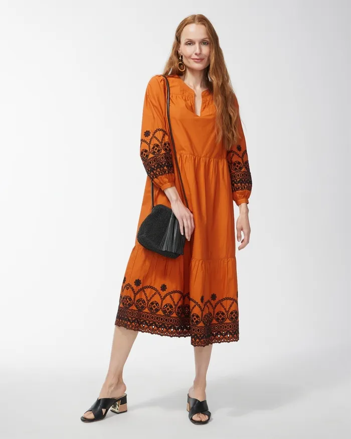 Chico039s Poplin Embroidered Sleeve Midi Dress Burnished Clay Women Dresses and Skirts