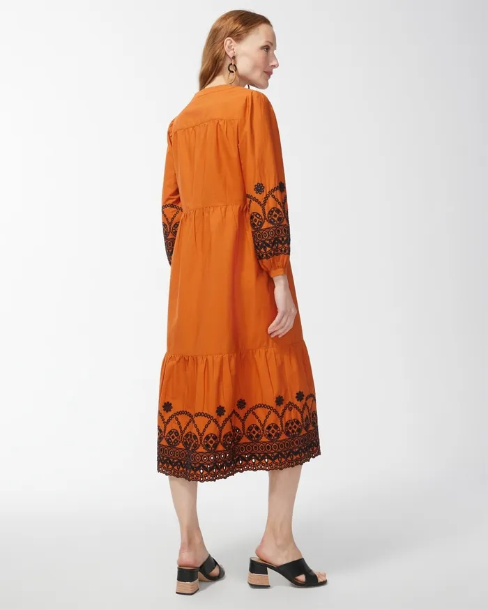 Chico039s Poplin Embroidered Sleeve Midi Dress Burnished Clay Women Dresses and Skirts