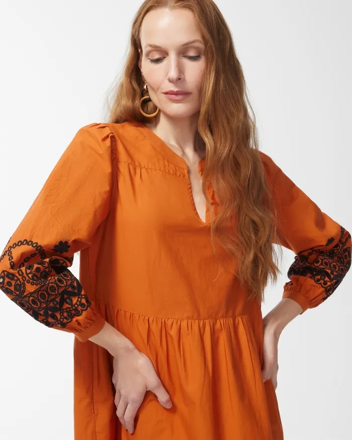 Chico039s Poplin Embroidered Sleeve Midi Dress Burnished Clay Women Dresses and Skirts