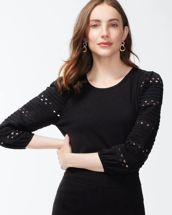 Chico039s Rick Rack Puff Sleeve Top Black Women Tees