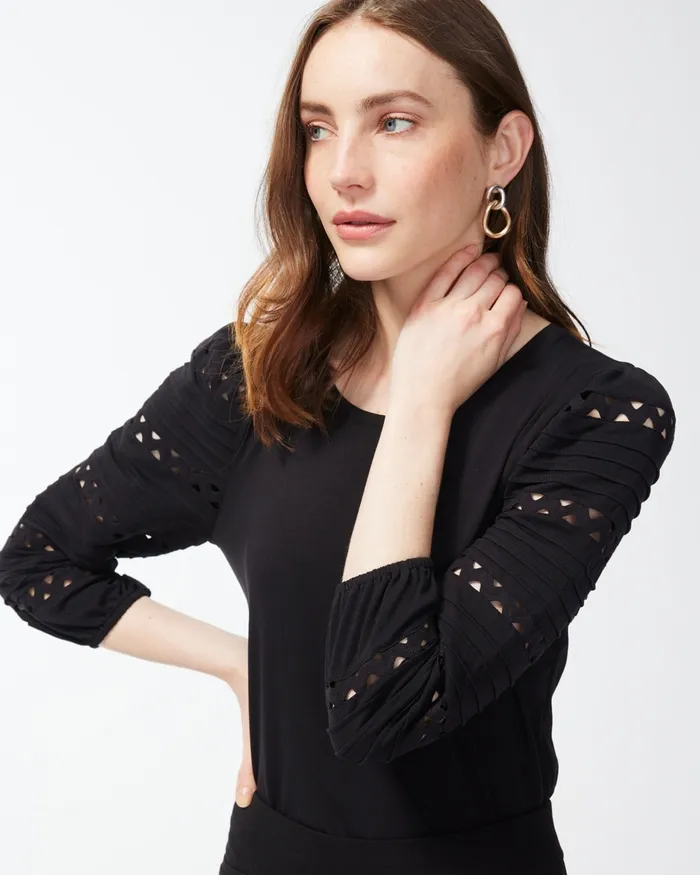 Chico039s Rick Rack Puff Sleeve Top Black Women Tees