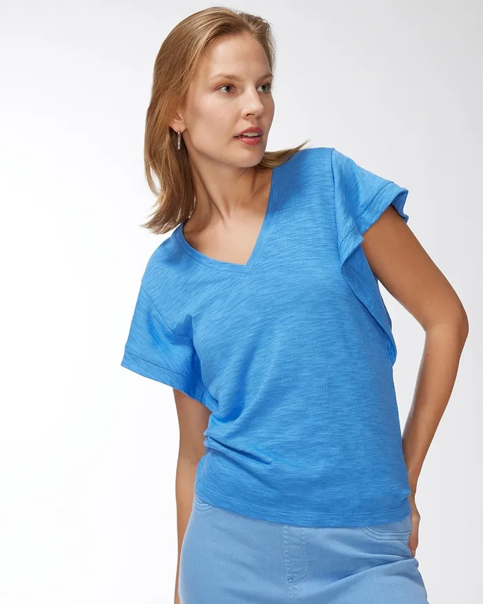 Chico039s Ruffle Sleeve Slub Tee Regatta Blue Women Tops