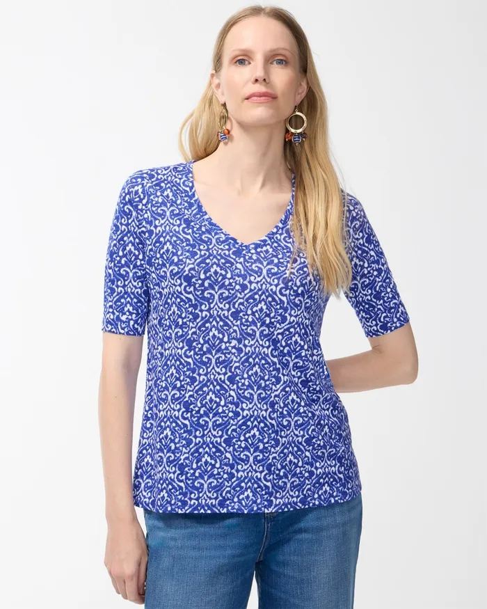 Chico039s Shirred Back Cool Tile Linen Tee Blue Grotto Women Tops