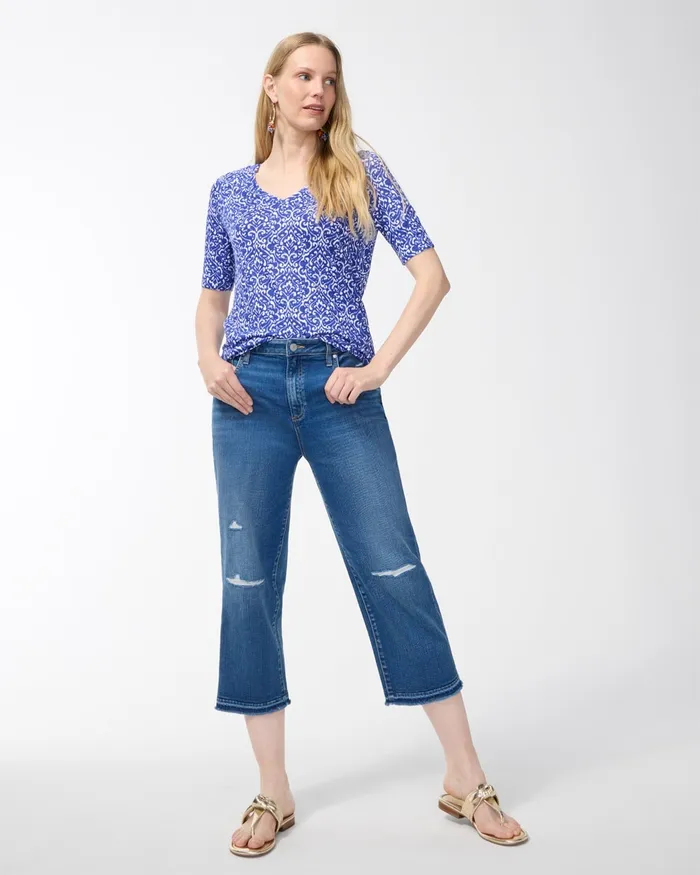 Chico039s Shirred Back Cool Tile Linen Tee Blue Grotto Women Tops