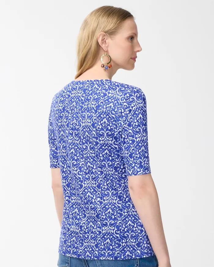Chico039s Shirred Back Cool Tile Linen Tee Blue Grotto Women Tops
