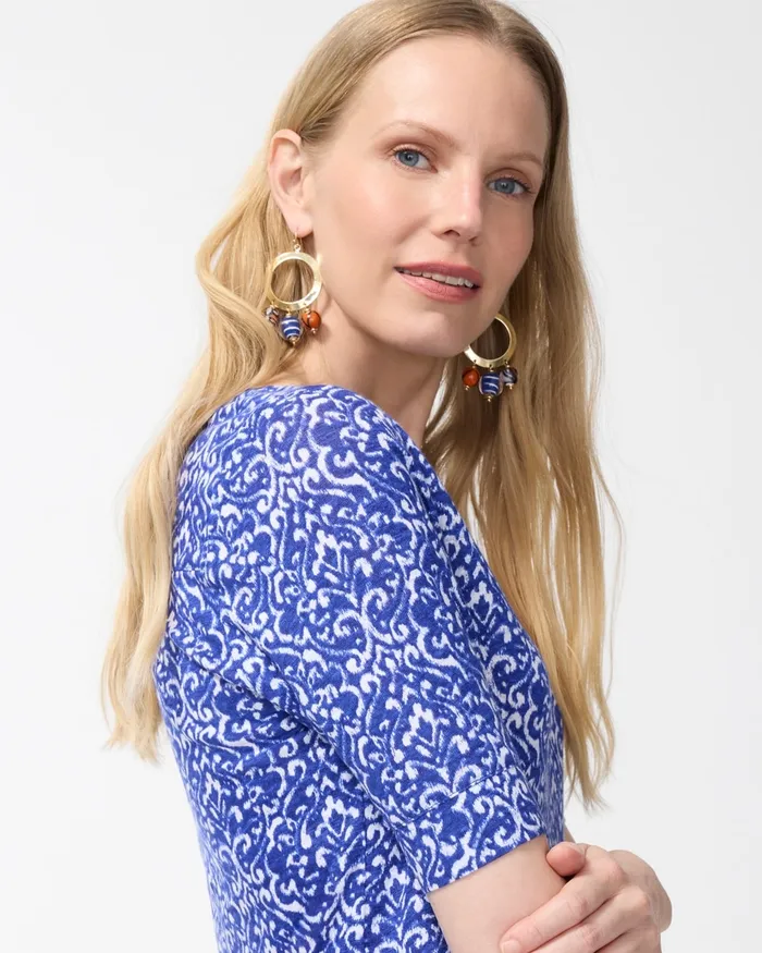 Chico039s Shirred Back Cool Tile Linen Tee Blue Grotto Women Tops