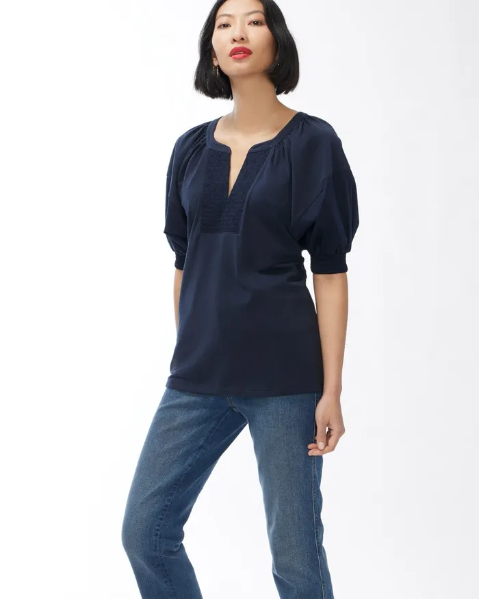 Chico039s Smocked Puff Sleeve Tee Classic Navy Women Tees