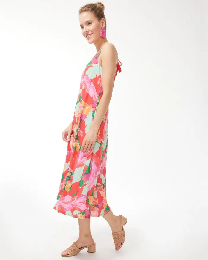 Chico039s TieBack Foliage Print Trapeze Dress Botanic Berry Women Matching Sets
