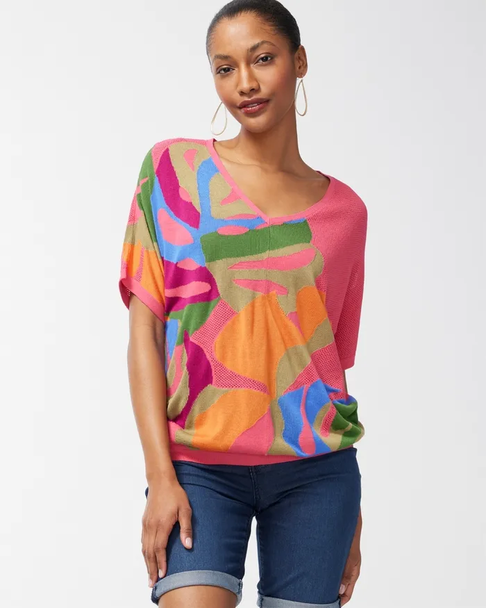 Chico039s Tropical Print Mesh Pullover Sweater Strawberry Margarita Women Sweaters