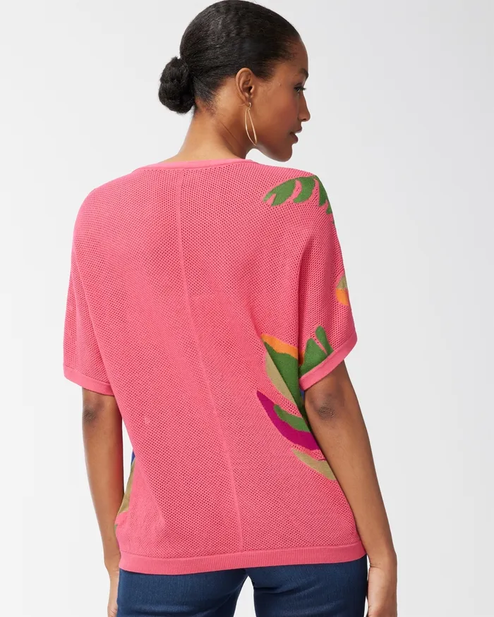 Chico039s Tropical Print Mesh Pullover Sweater Strawberry Margarita Women Sweaters