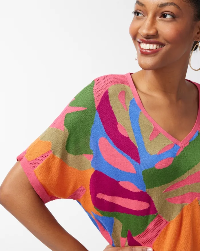 Chico039s Tropical Print Mesh Pullover Sweater Strawberry Margarita Women Sweaters
