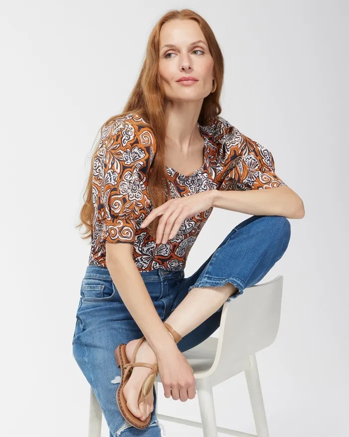 Chico039s Warm Paisley Square Neck Top Burnished Clay Women Tops