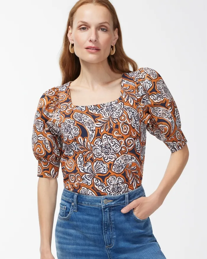 Chico039s Warm Paisley Square Neck Top Burnished Clay Women Tops