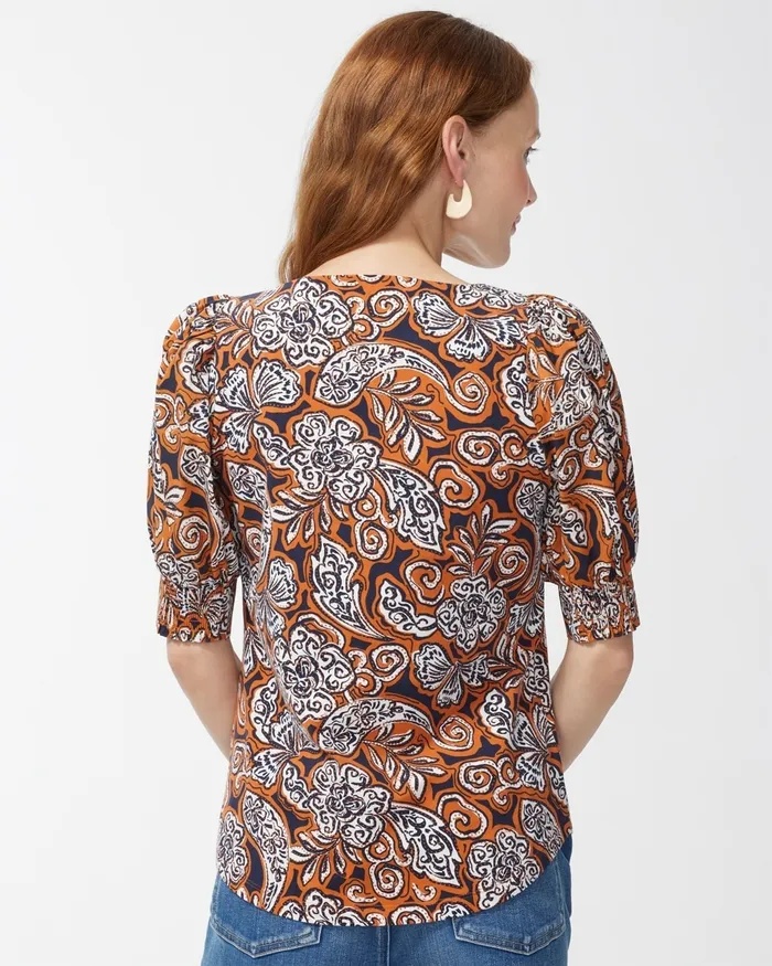Chico039s Warm Paisley Square Neck Top Burnished Clay Women Tops