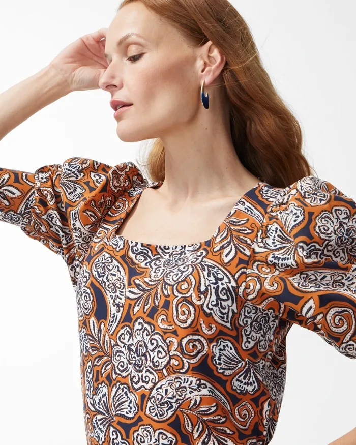Chico039s Warm Paisley Square Neck Top Burnished Clay Women Tops