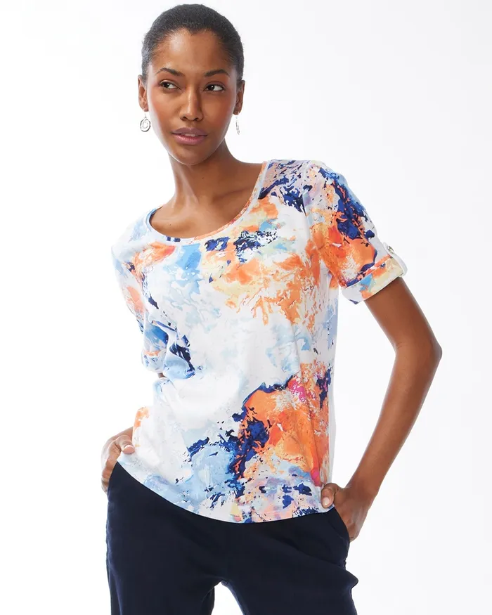 Chico039s Watercolor Everyday Cuff Sleeve Tee Classic Navy Women Tees