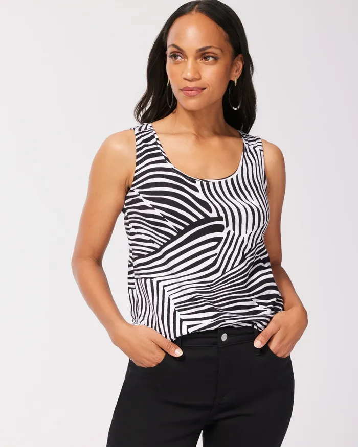 Chico039s Zebra Print Cotton Slub Tank Black Women Tops