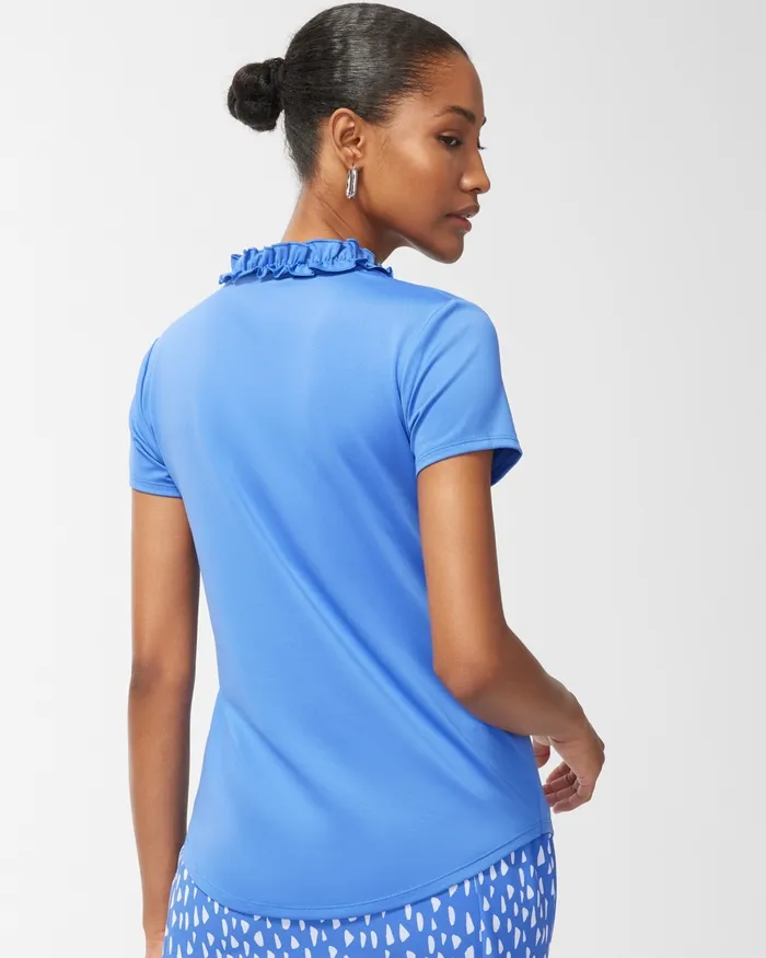 Chico039s Zenergy UPF Blue Ruffle Neck Top Amparo Blue Women Tops