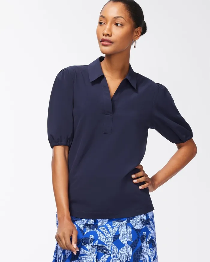 Chico039s Zenergy UPF Neema Elbow Sleeve Polo Classic Navy Women Activewear