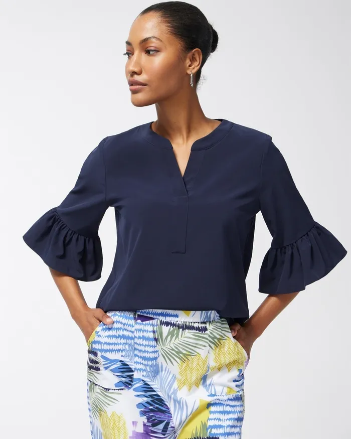 Chico039s Zenergy UPF Neema Ruffle Sleeve Top Classic Navy Women Tops