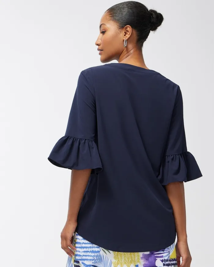 Chico039s Zenergy UPF Neema Ruffle Sleeve Top Classic Navy Women Tops