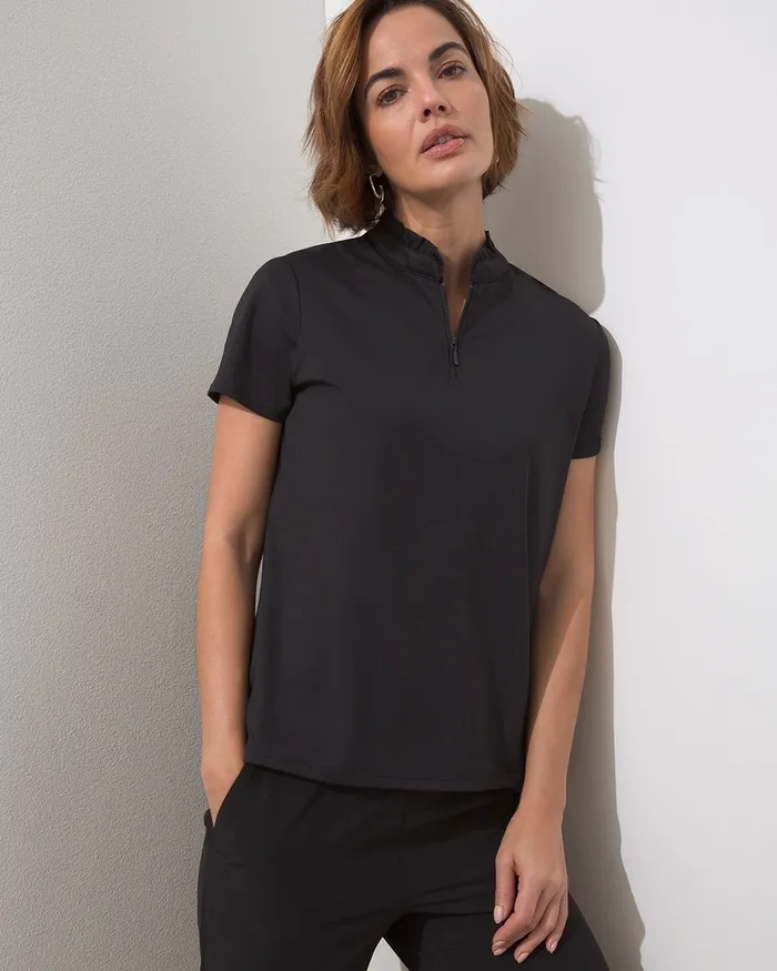 Chico039s Zenergy UPF Ruffle Collar Polo Black Women Tops