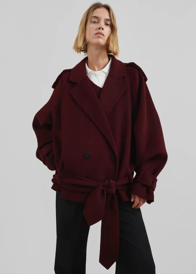 Clothing Women The Frankie Shop Elys Short Wool Trench 8211 Burgundy