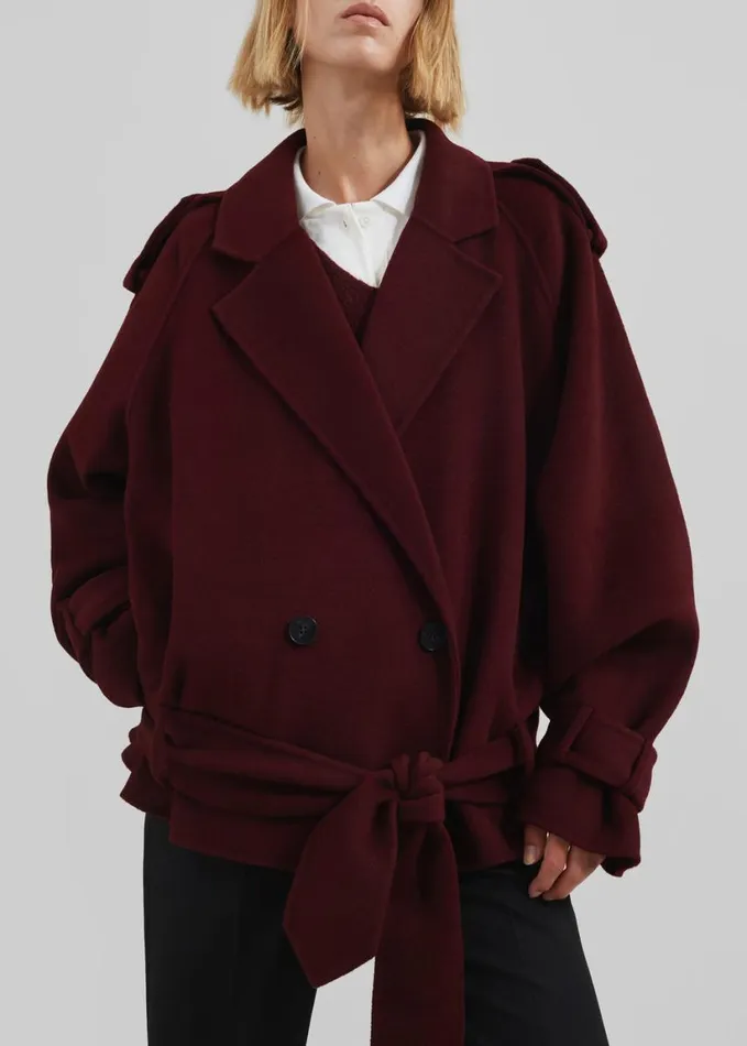 Clothing Women The Frankie Shop Elys Short Wool Trench 8211 Burgundy