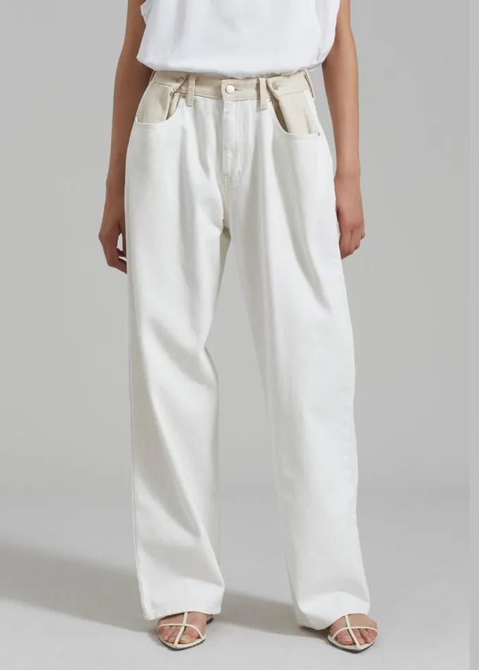Clothing Women The Frankie Shop Hayla Contrast Denim Pants 8211 Off WhiteBeige