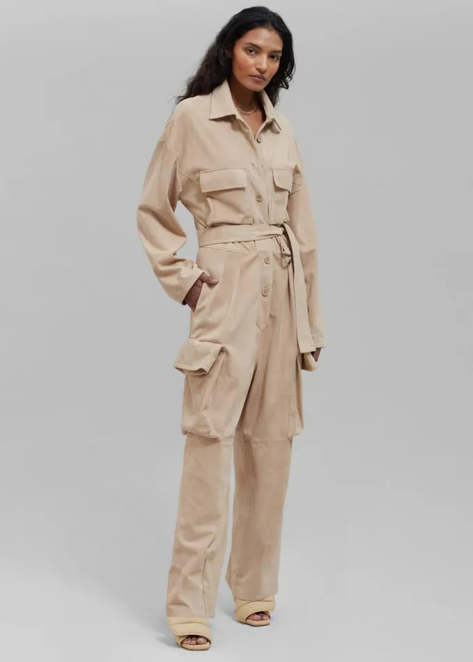 Clothing Women The Frankie Shop Linda Suede Jumpsuit 8211 Beige