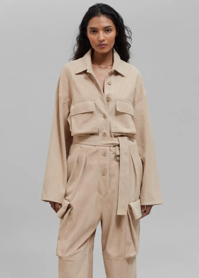 Clothing Women The Frankie Shop Linda Suede Jumpsuit 8211 Beige