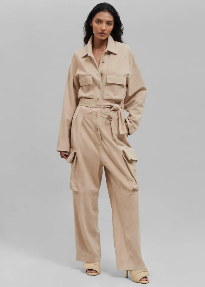 Clothing Women The Frankie Shop Linda Suede Jumpsuit 8211 Beige