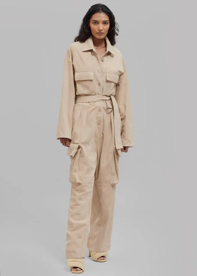 Clothing Women The Frankie Shop Linda Suede Jumpsuit 8211 Beige