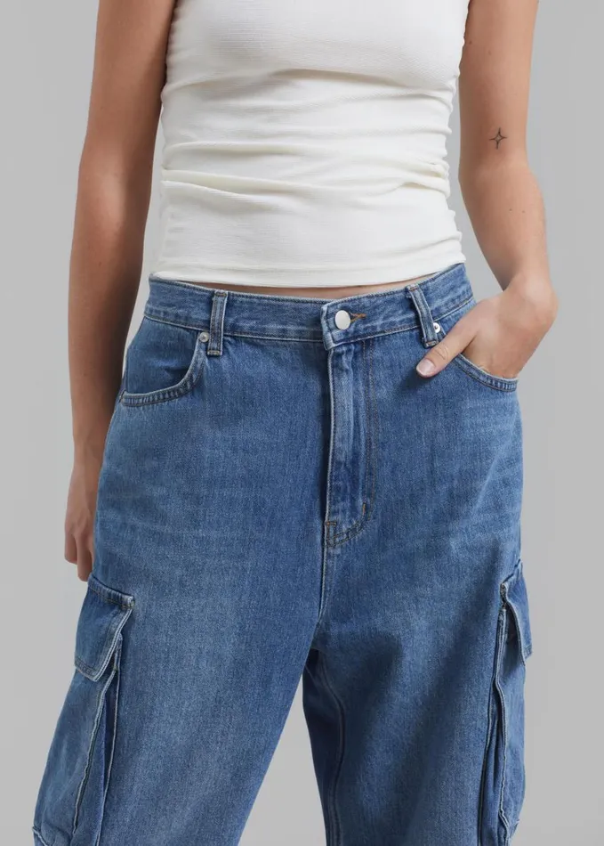 Clothing Women The Frankie Shop Parker Denim Cargo Pants 8211 Medium Wash