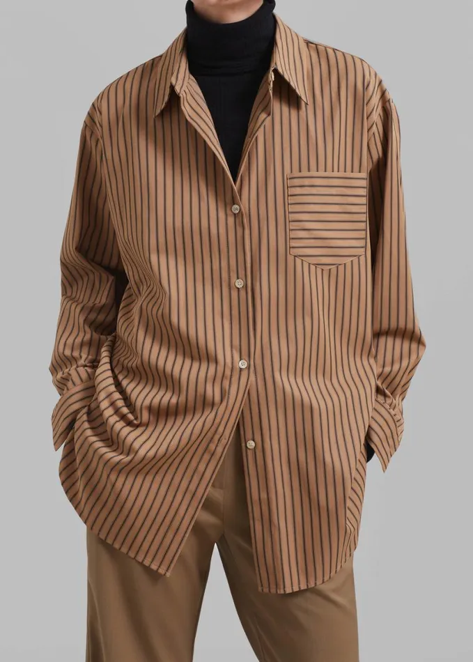 Clothing Women The Frankie Shop Rine Pocket Shirt 8211 CamelBlack Stripe