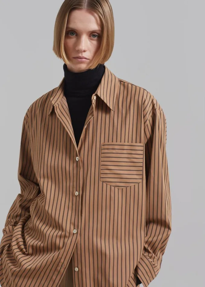Clothing Women The Frankie Shop Rine Pocket Shirt 8211 CamelBlack Stripe