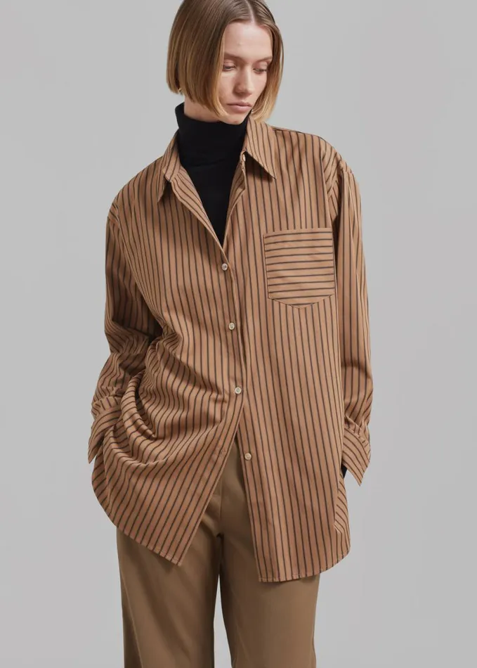 Clothing Women The Frankie Shop Rine Pocket Shirt 8211 CamelBlack Stripe