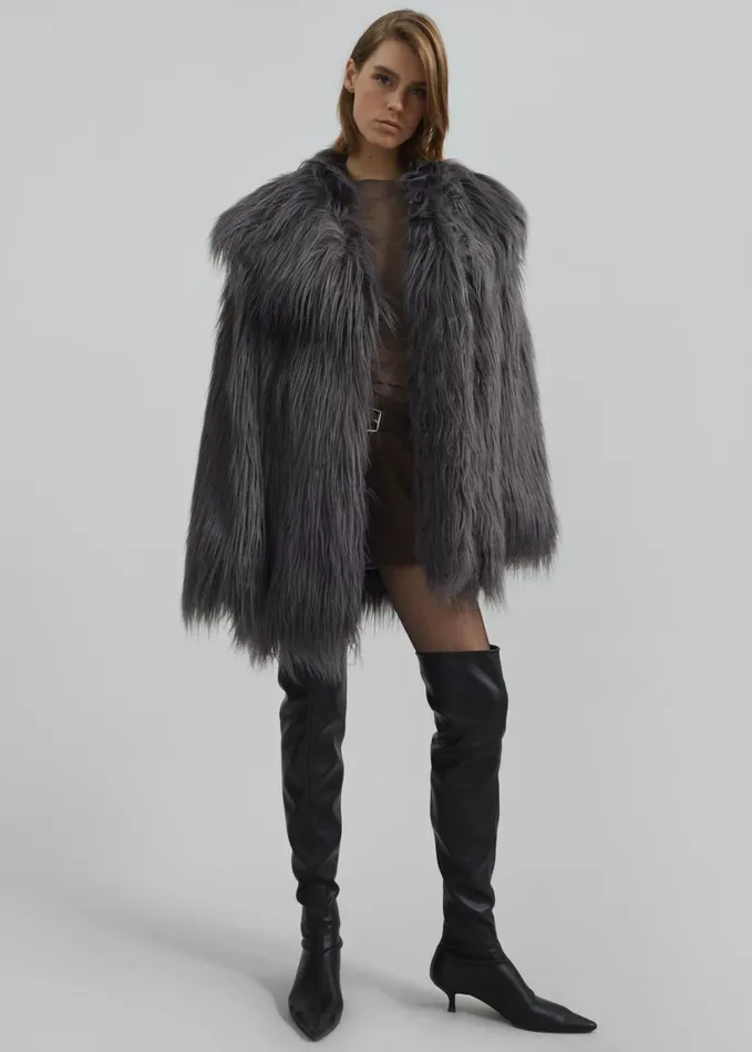 Clothing Women The Frankie Shop Rotate Faux Fur Wide Collar Coat 8211 Gray Print