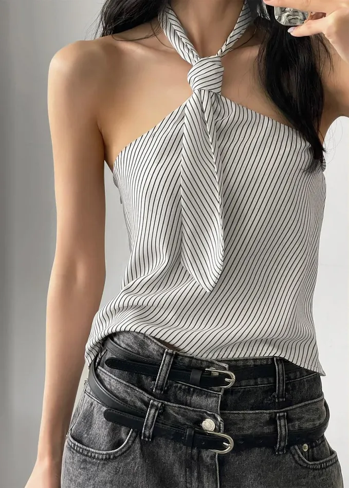 Clothing Women The Frankie Shop Sophie Tie Halter Top 8211 WhiteNavy Stripe