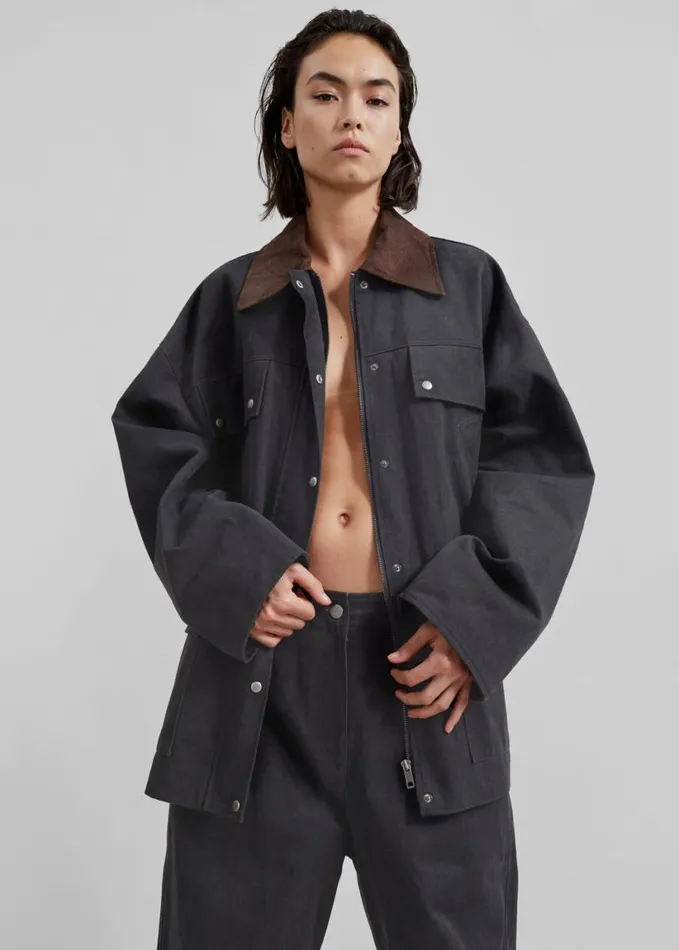 Clothing Women The Frankie Shop Stevan Contrast Collar Cargo Jacket 8211 Charcoal