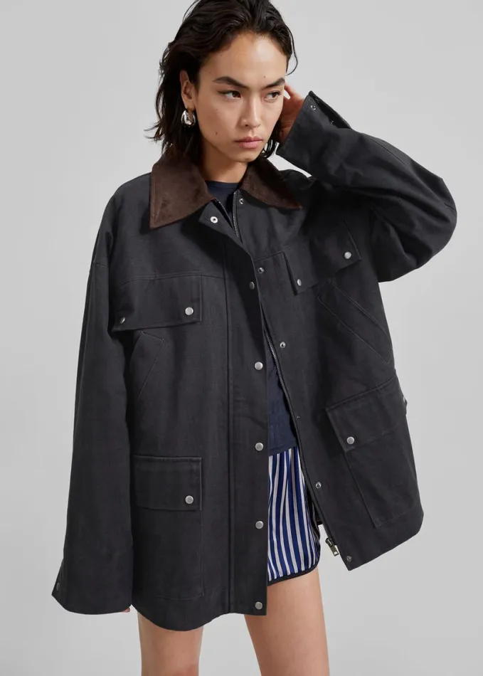 Clothing Women The Frankie Shop Stevan Contrast Collar Cargo Jacket 8211 Charcoal