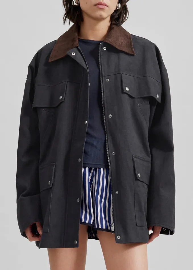 Clothing Women The Frankie Shop Stevan Contrast Collar Cargo Jacket 8211 Charcoal