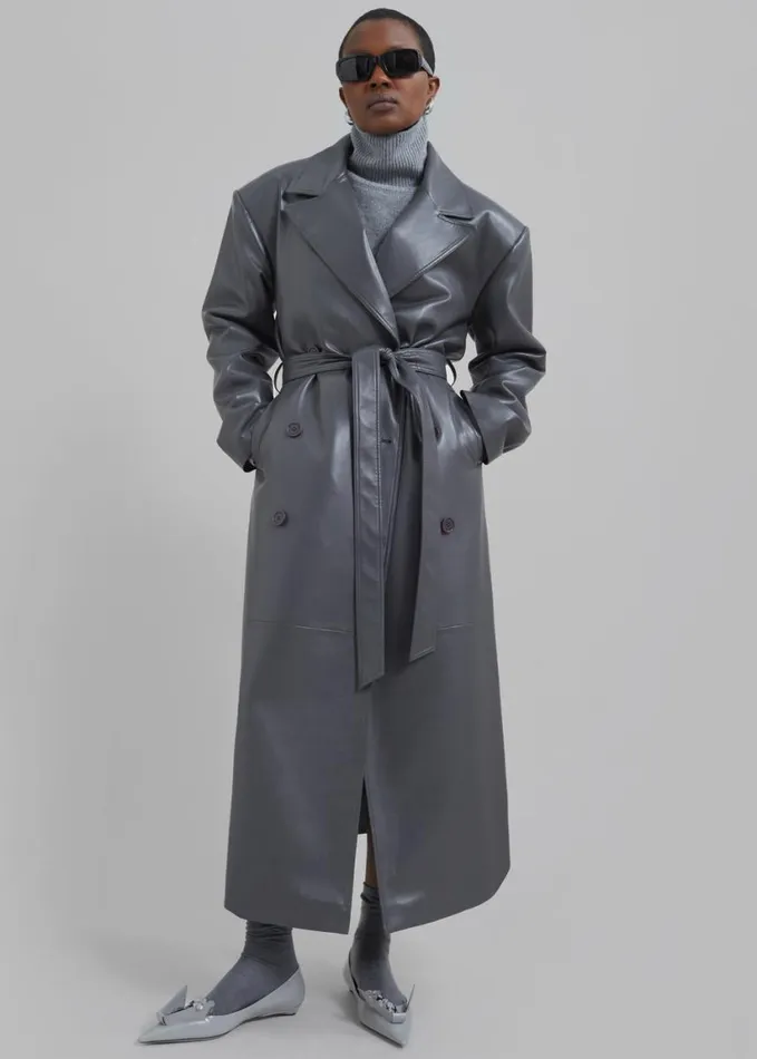 Clothing Women The Frankie Shop Tina Faux Leather Trench Coat 8211 Grey